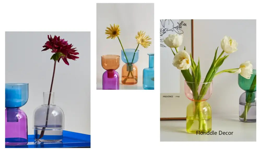 DecorBites™ mini glass vase set featuring a translucent yellow glass vase with pink rim holding white tulips