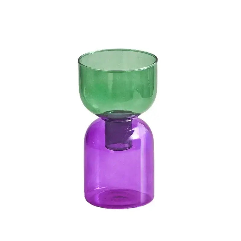 DecorBites™ mini glass vase set featuring a translucent green and purple glass vase with rounded bowl top and cylindrical base