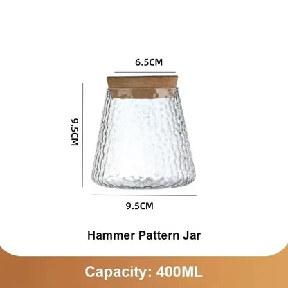 Clear glass mini nordic glass hydroponic planter with textured hammer pattern and natural wood lid 400ml capacity