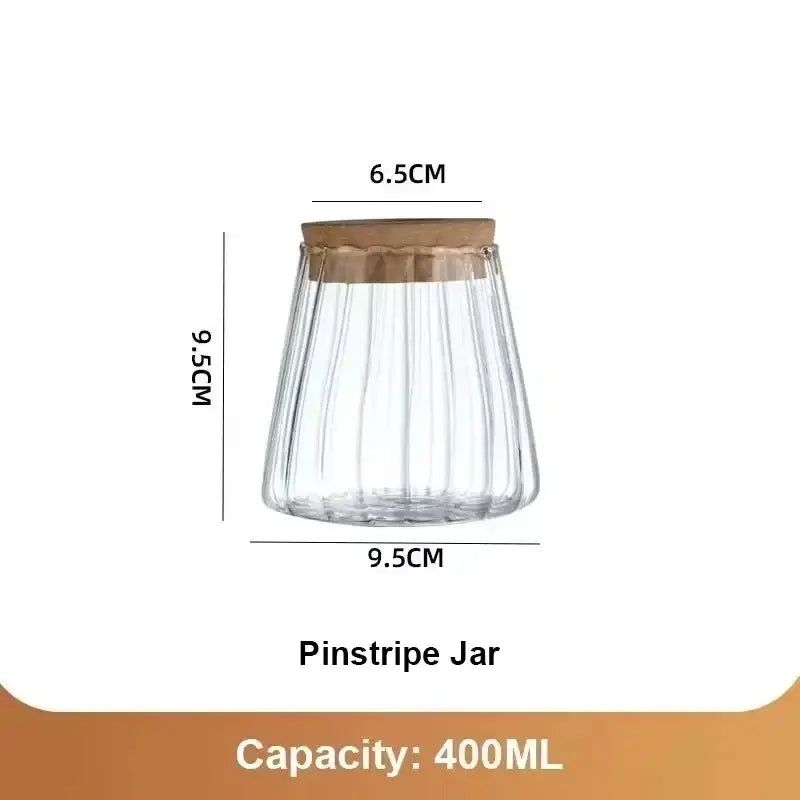Clear glass pinstripe jar with vertical ribbed texture and wood lid for mini nordic glass hydroponic planter tray 400ml capacity