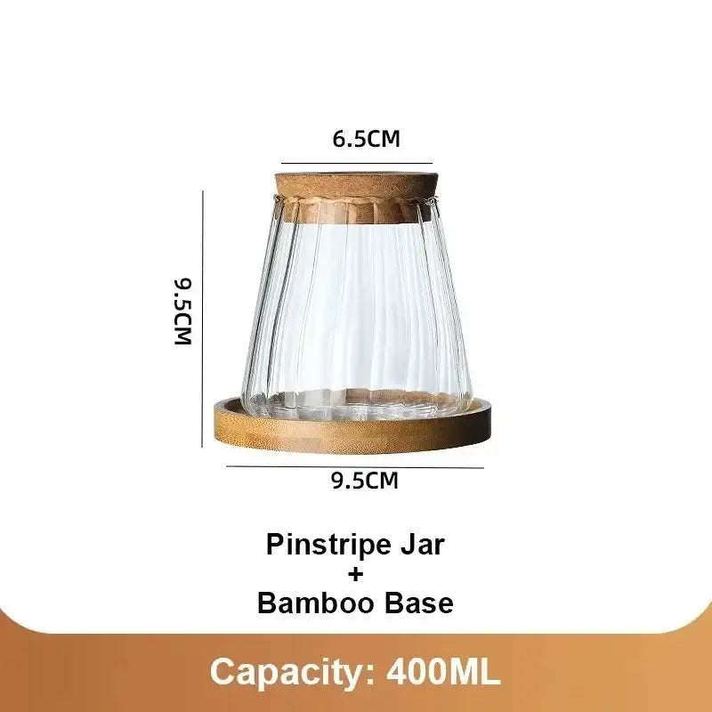 Decorbites™ mini nordic glass hydroponic planter tray with clear glass pinstripe jar, cork lid, and bamboo base