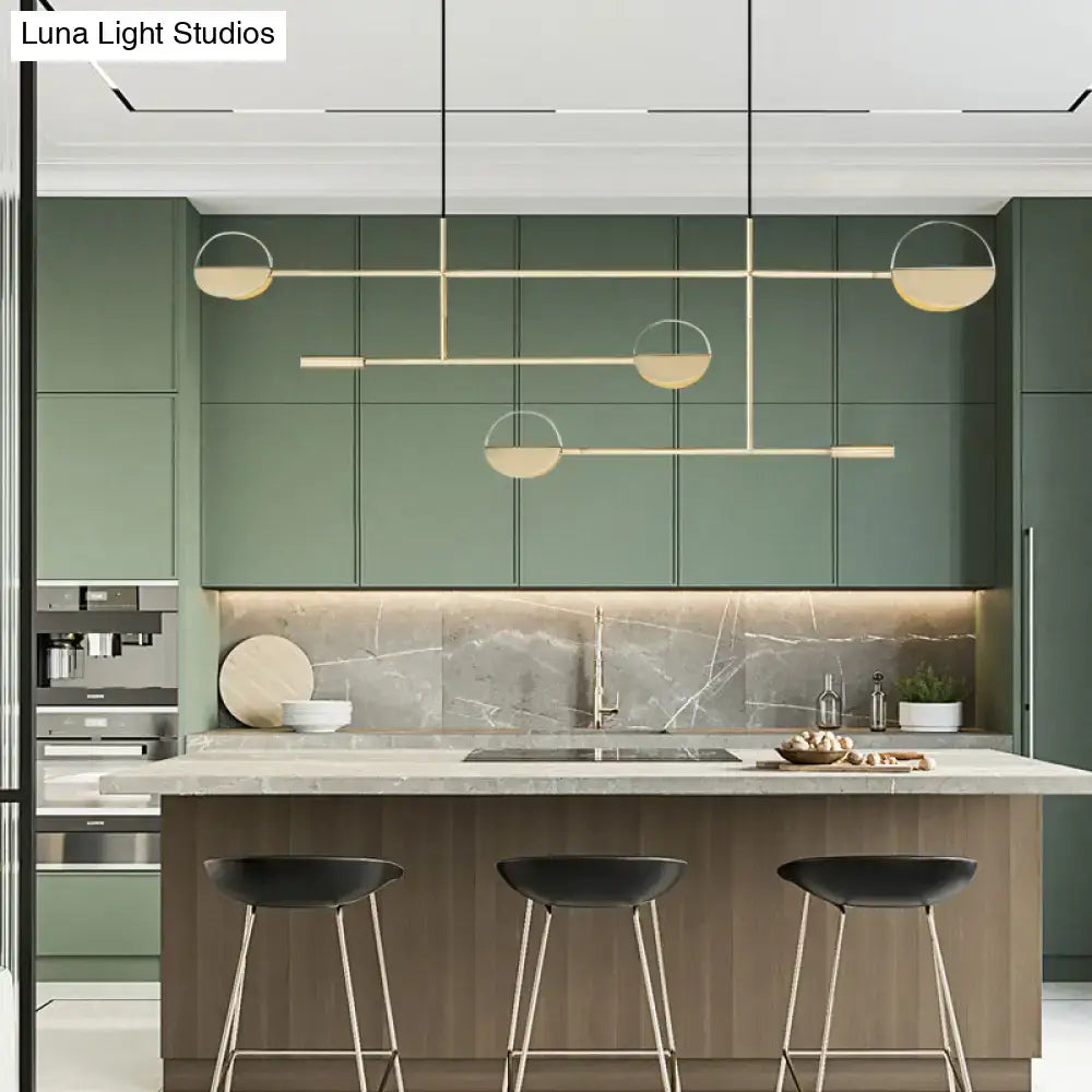 DecorBites™ minimalist 3-arm pendant light with black gold metal rods and frosted glass shades for dining room island