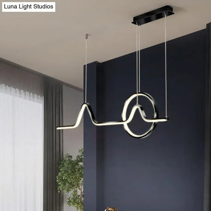 Modern black and chrome aluminum LED pendant lamp with sleek wave design for minimalist dining room lighting