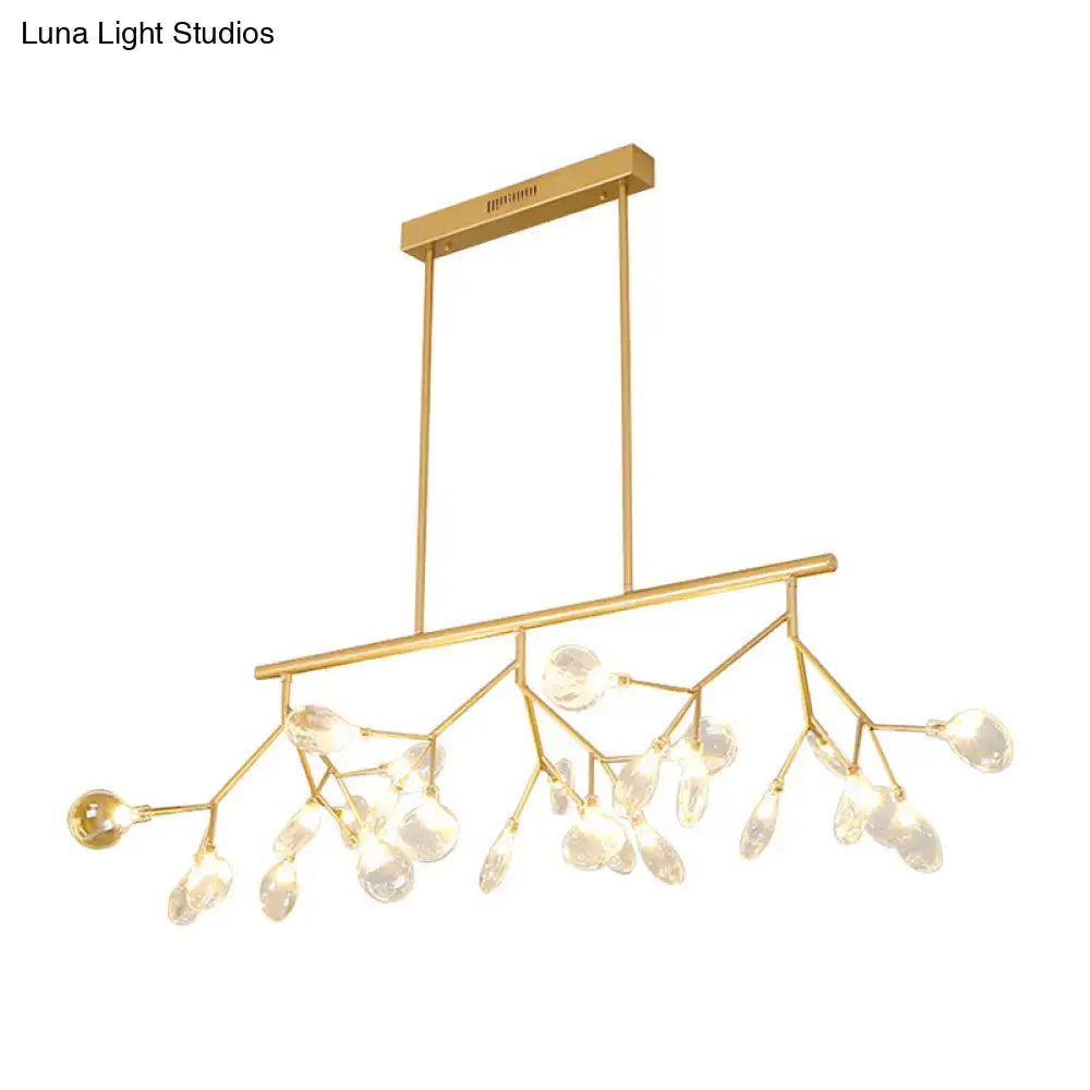 Gold-toned DecorBites™ minimalist firefly island glass lamp with 27 bulb base and white clear crystal droplets for dining room