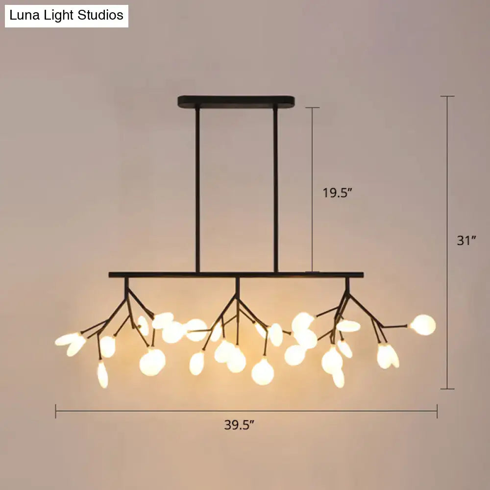 Black metal minimalist firefly island glass lamp with delicate branch arms and glowing white clear glass orbs bulb base