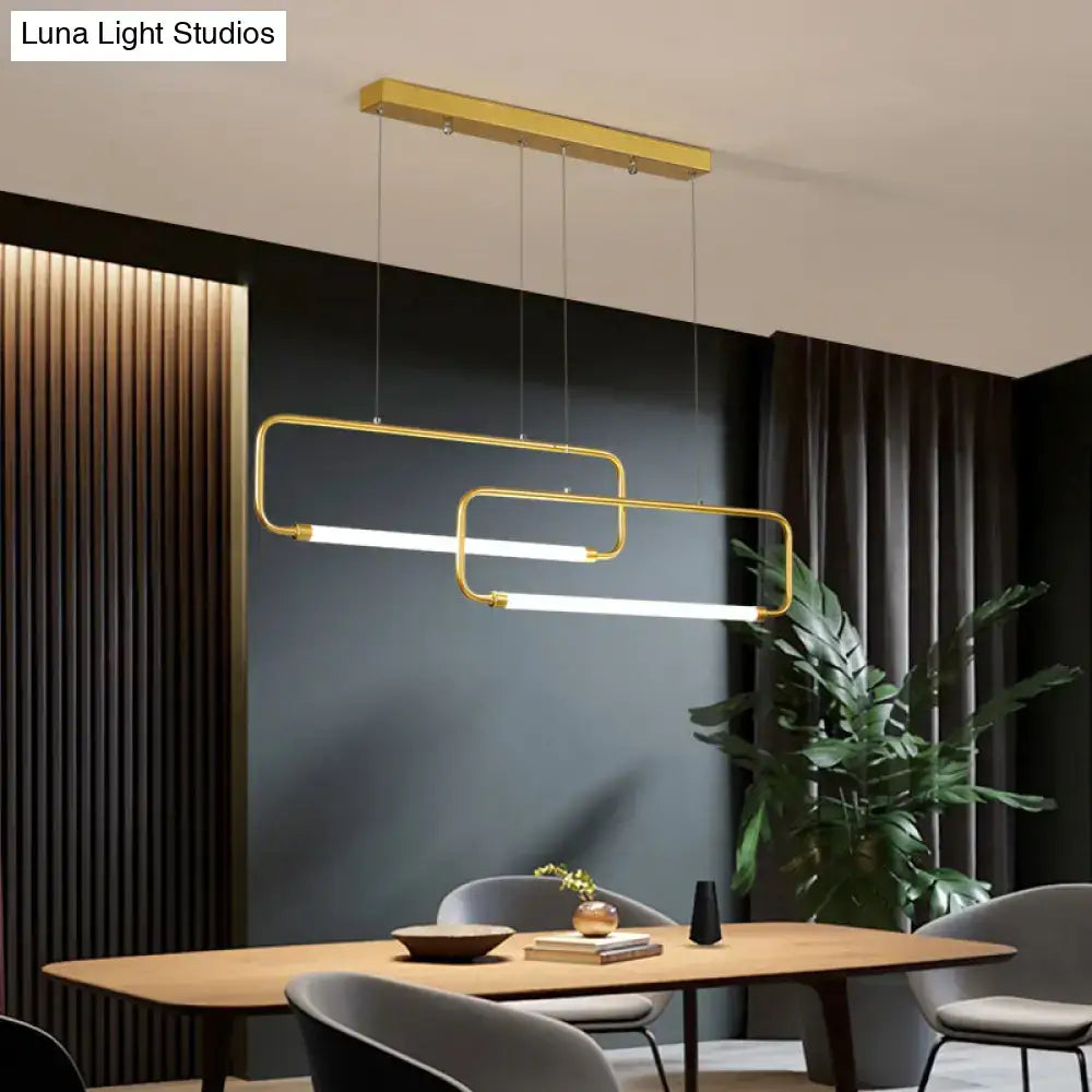 DecorBites™ minimalist geometric black gold LED dining room pendant light with two intersecting illuminated bars and color remote