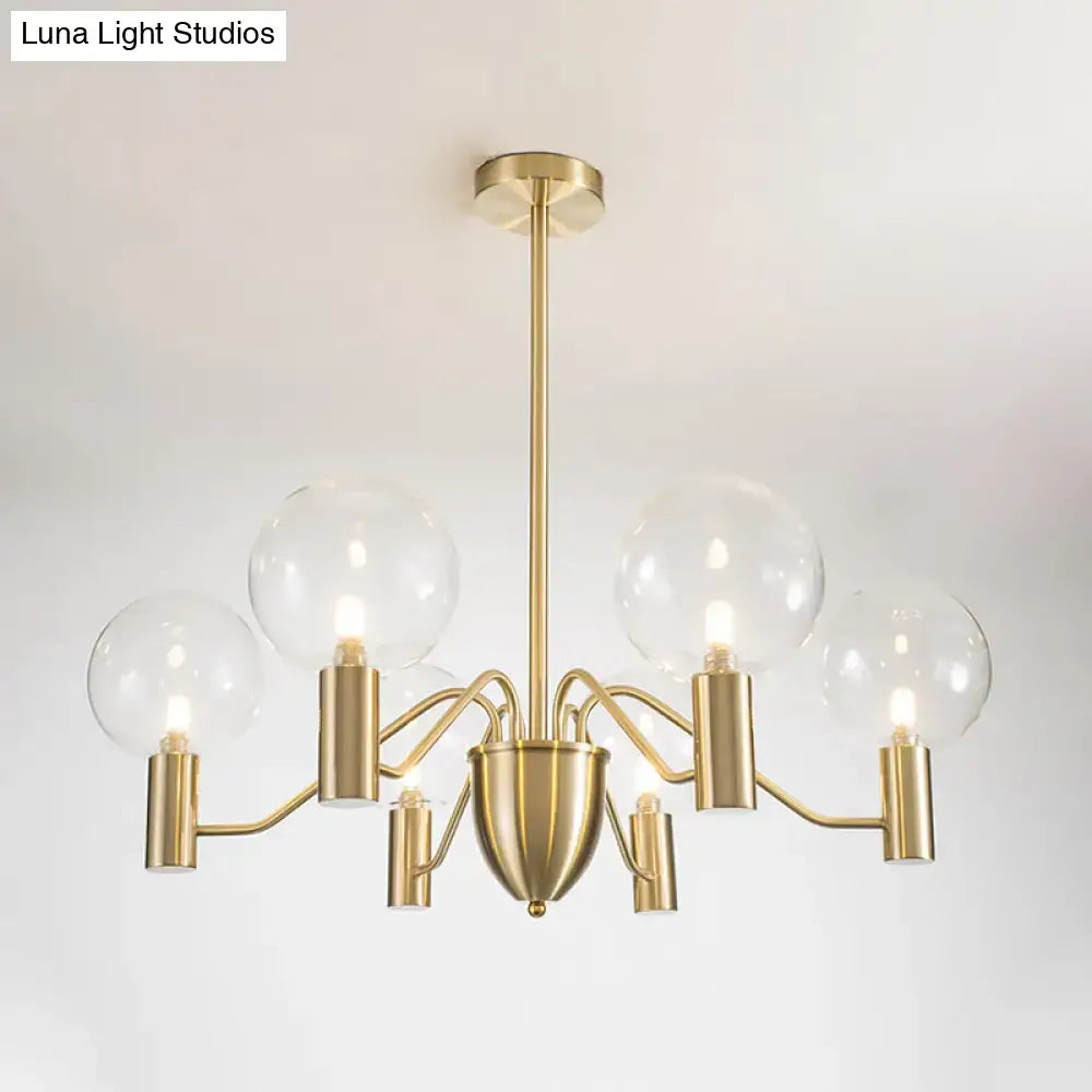 DecorBites minimalist gold globe chandelier with five clear glass globes and brass finish for living space lighting fixture