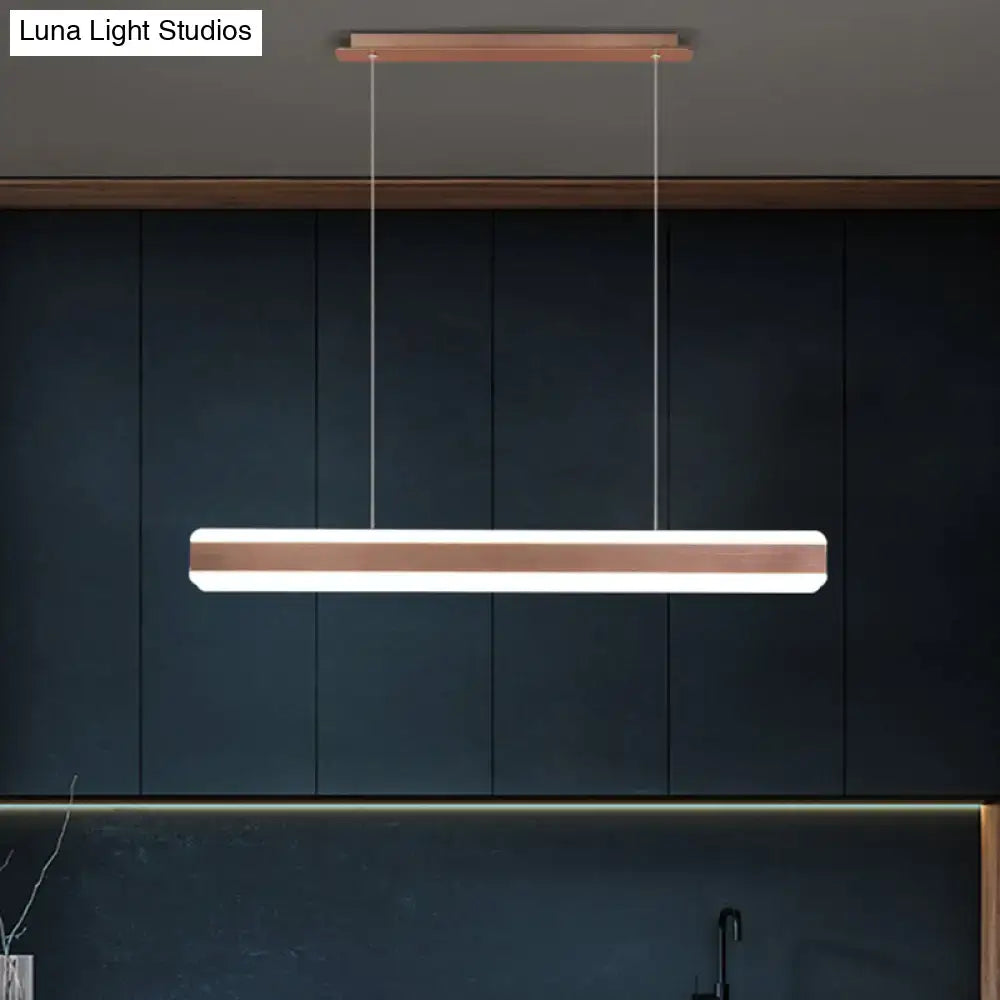 Modern rectangular led island pendant with copper frame and bright white linear acrylic hanging light for dining room