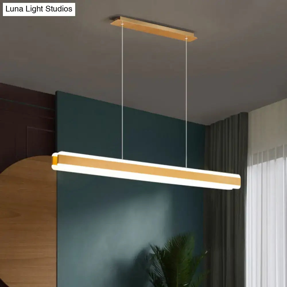 Modern rectangular led island pendant with warm wood finish and linear acrylic hanging light for dining room lighting