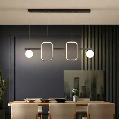 Modern black rectangular pendant light with symmetrical geometric led design, cream glass shade, and remote control stepless feature