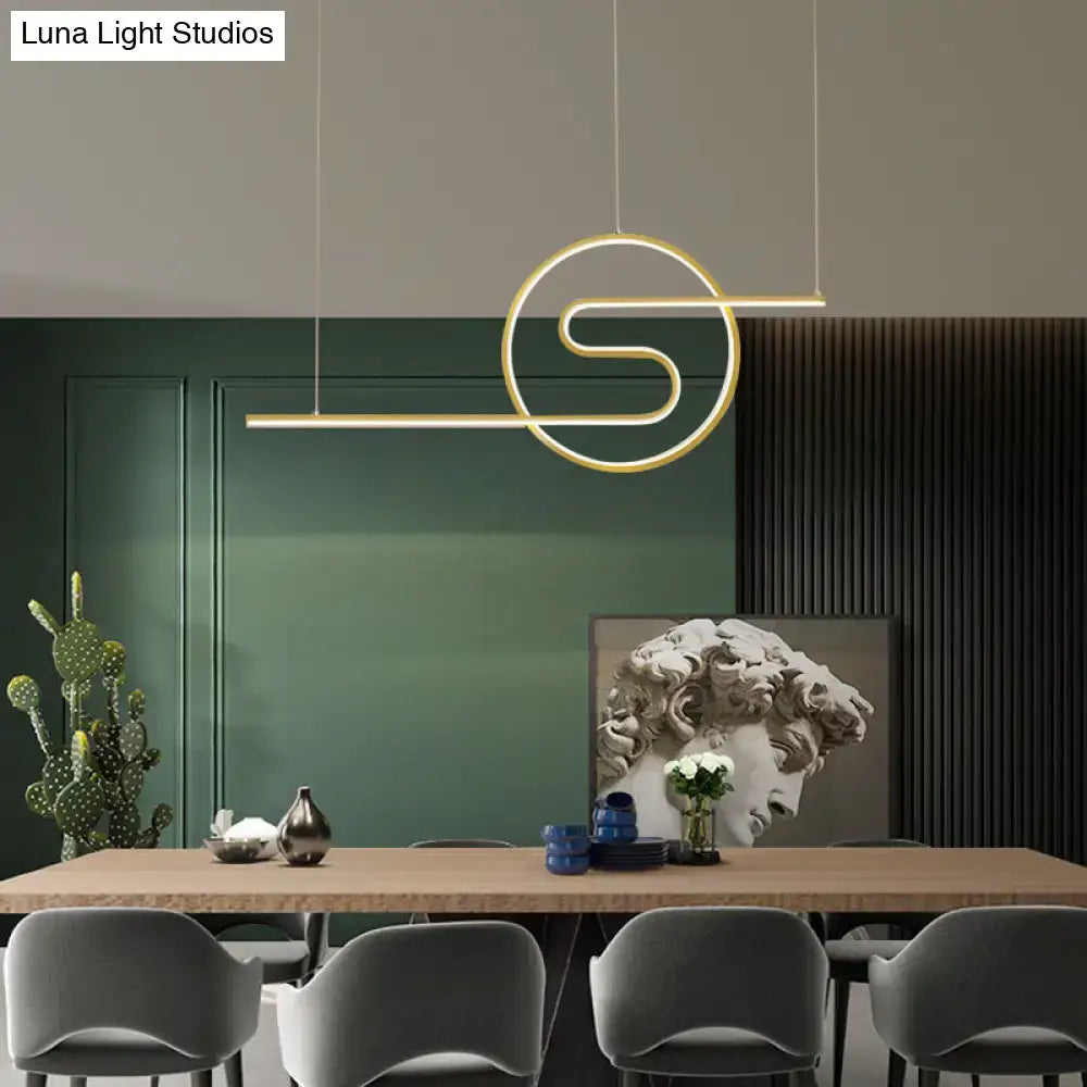 Gold-toned minimalist metal led hanging light with sleek abstract s shape for dining room and kitchen island by DecorBites