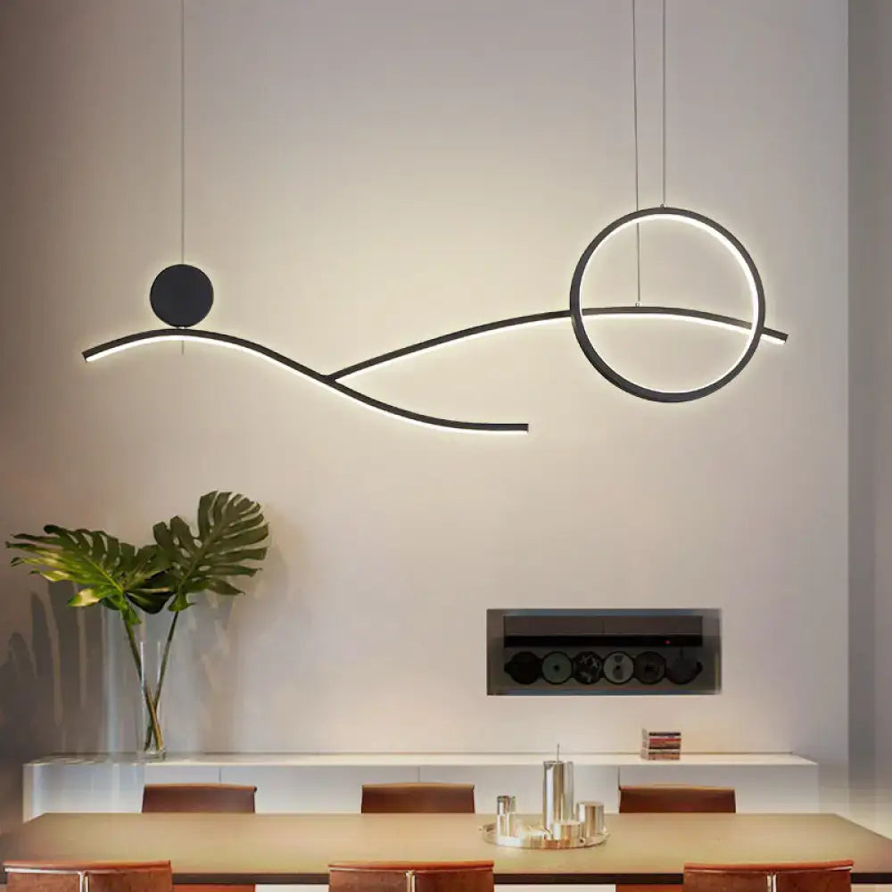 Modern black minimalist metal led hanging light with sleek curved lines and circular accents for dining room use