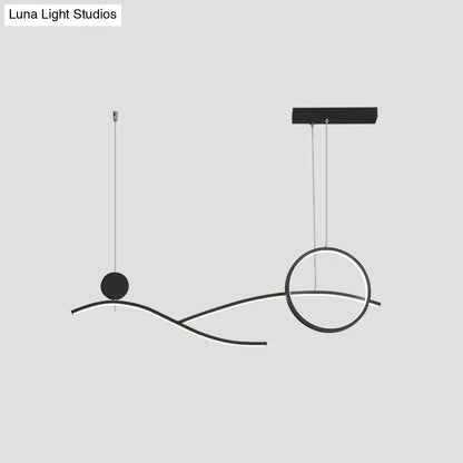 Modern black minimalist metal led hanging light with sleek curved lines and circular ring design for dining room