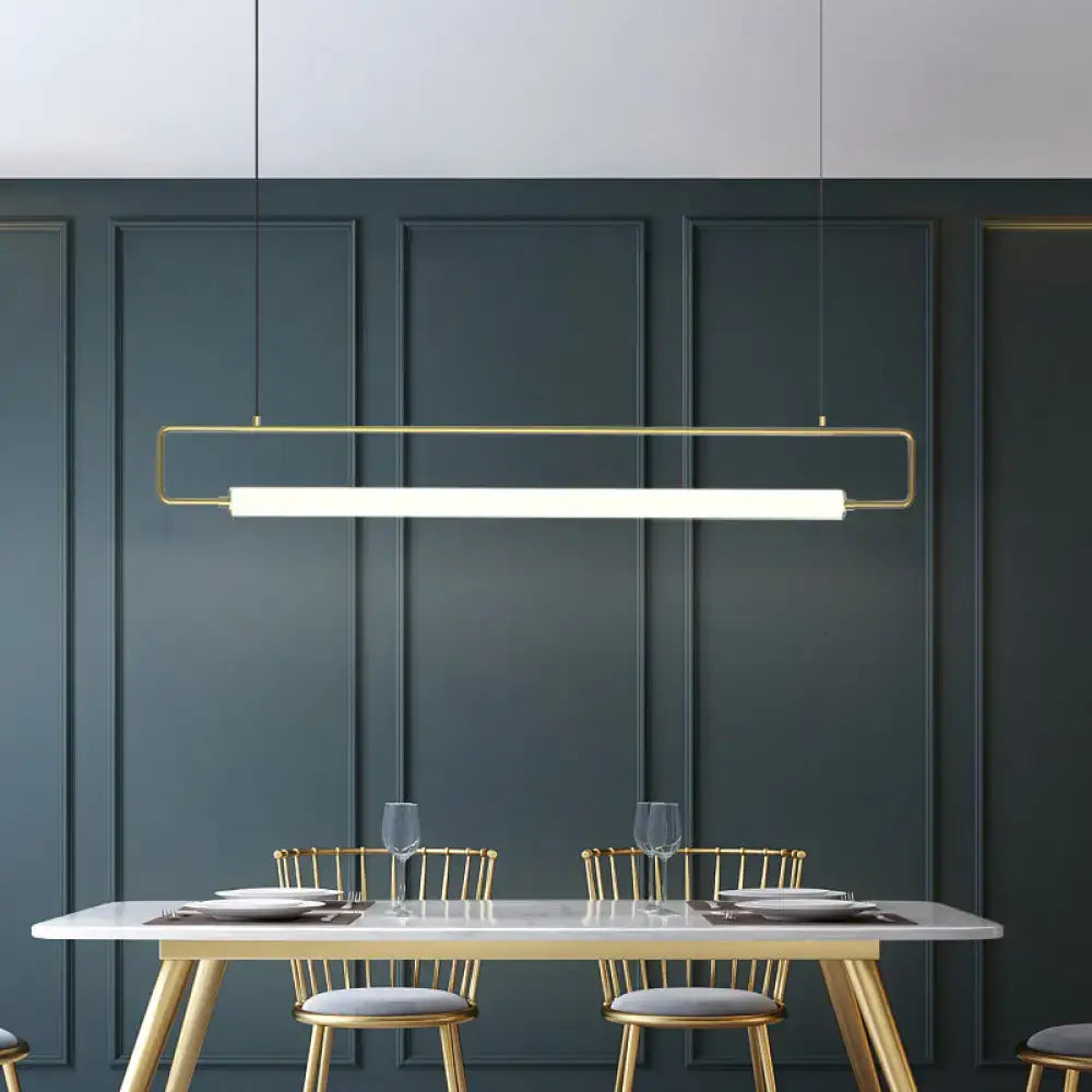 Gold-toned rectangular metal ceiling light with frosted glass diffuser for dining room island fixture height adjustment