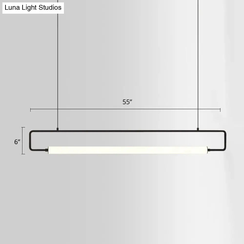 Black-framed minimalist metal LED pendant ceiling light with illuminated white strip designed for dining room fixture height