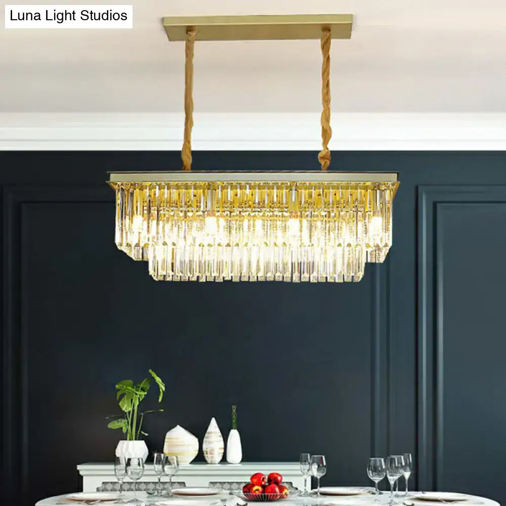 Decorbites minimalist prismatic crystal pendant light with gold-toned rectangular frame and cascading crystal prisms
