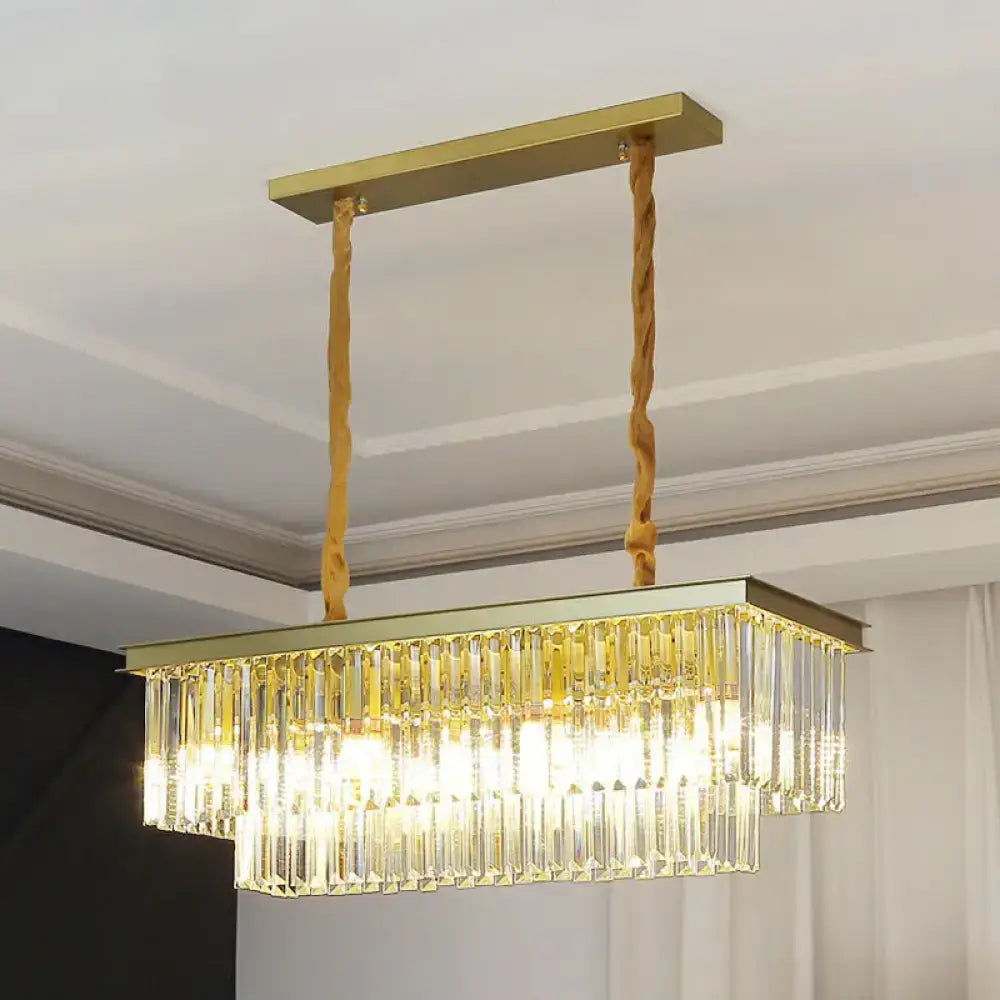 Gold-toned minimalist prismatic crystal rectangular pendant light with cascading clear crystal prisms and twisted rope cords