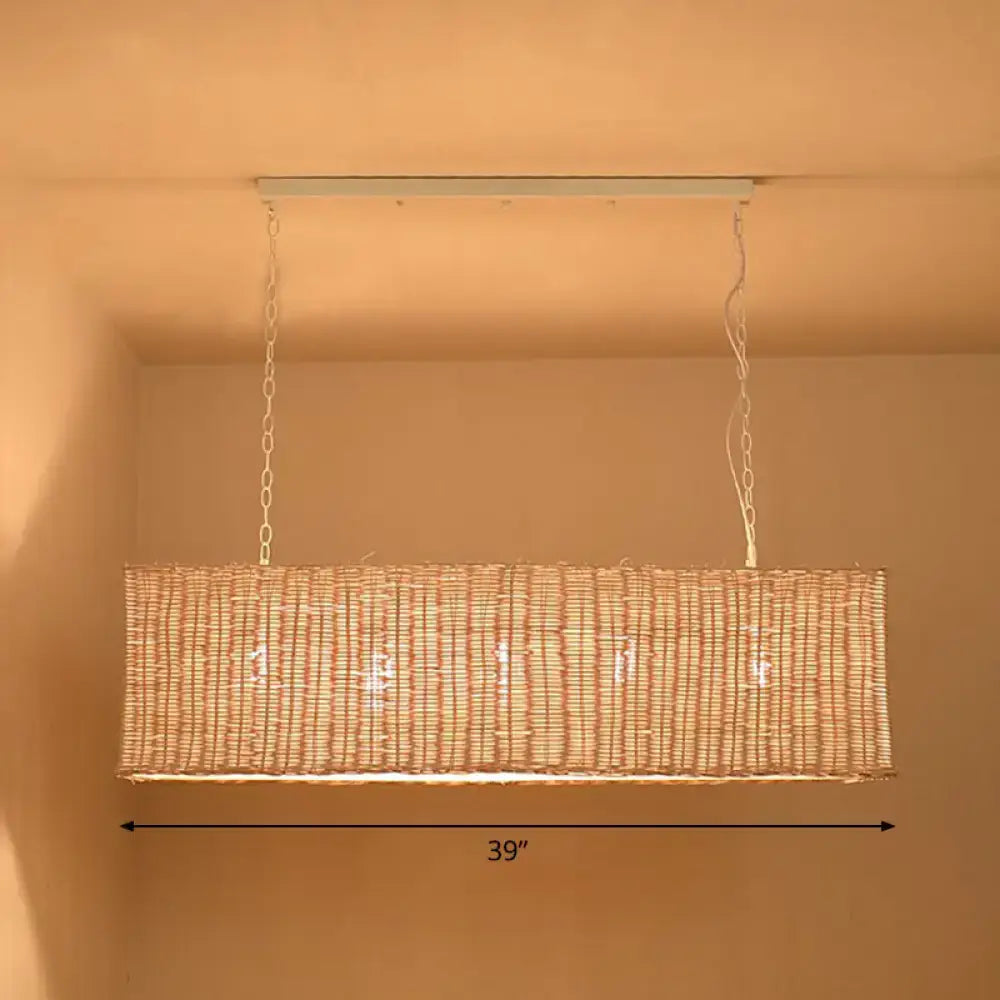 DecorBites™ minimalist rectangular beige rattan restaurant hanging lamp with natural fiber texture and white chain suspension