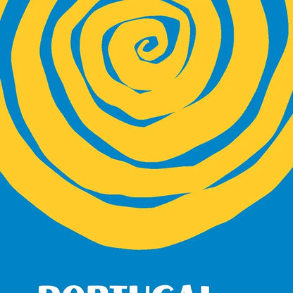 Vibrant yellow and blue spiral graphic design on minimalist travel posters art prints by decorbites for living room decor