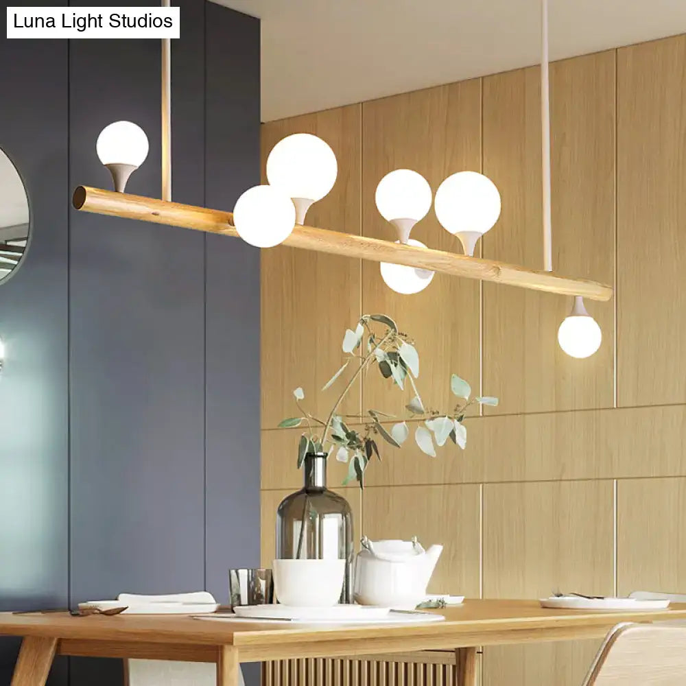 Decorbites modern wood linear hanging pendant light with five white opal glass bulbs in 220-240v for restaurants