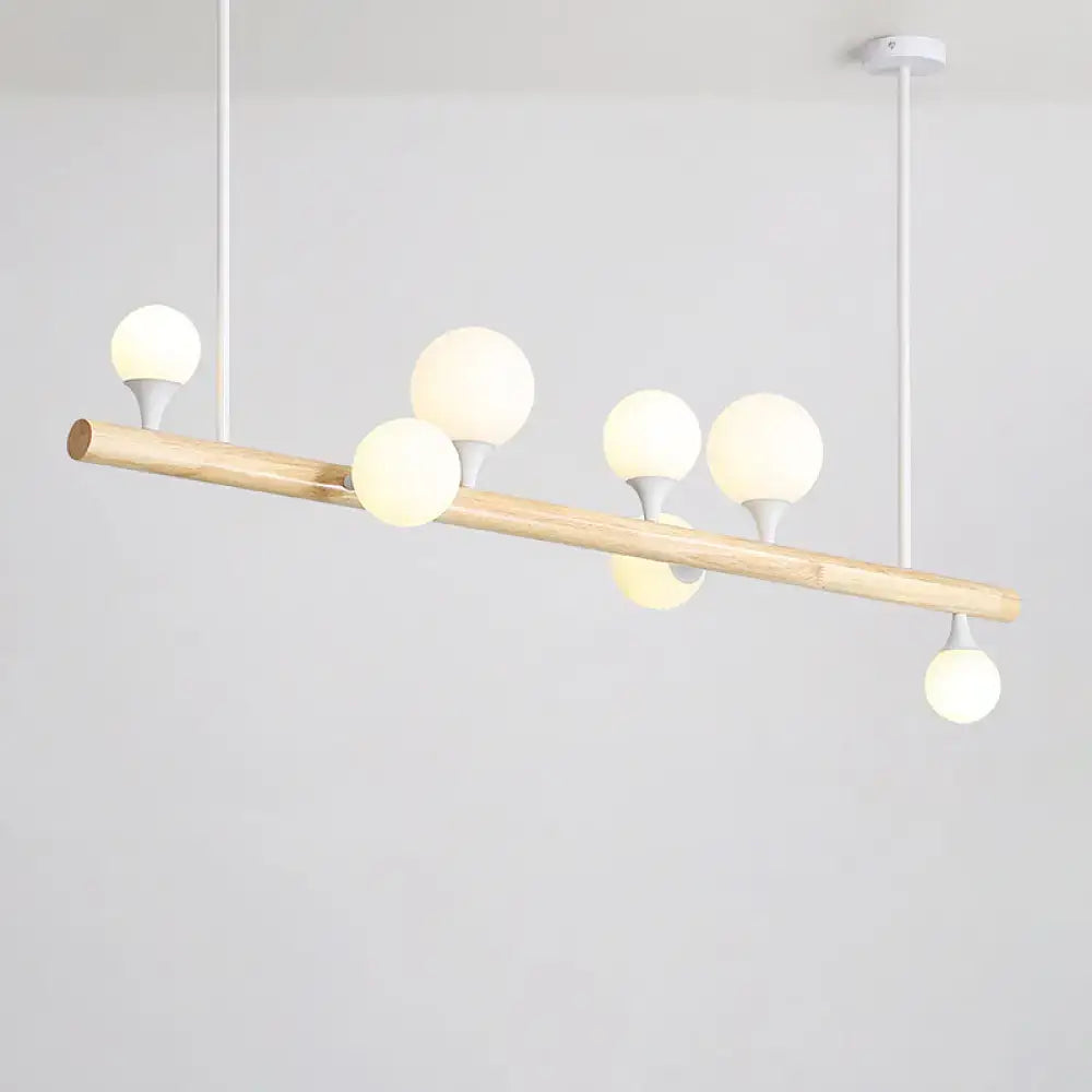 Decorbites minimalist wood linear hanging island pendant light with natural wood rod and frosted opal glass balls for restaurants 220-240v
