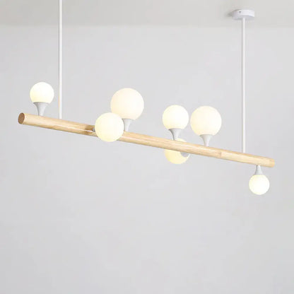 Decorbites minimalist wood linear hanging island pendant light with natural wood rod and frosted opal glass balls for restaurants 220-240v