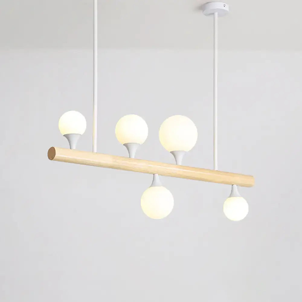 DecorBites minimalist wood island pendant light with natural wood bar and frosted opal glass balls for restaurants 220-240v