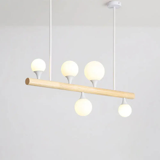 DecorBites minimalist wood island pendant light with natural wood bar and frosted opal glass balls for restaurants 220-240v
