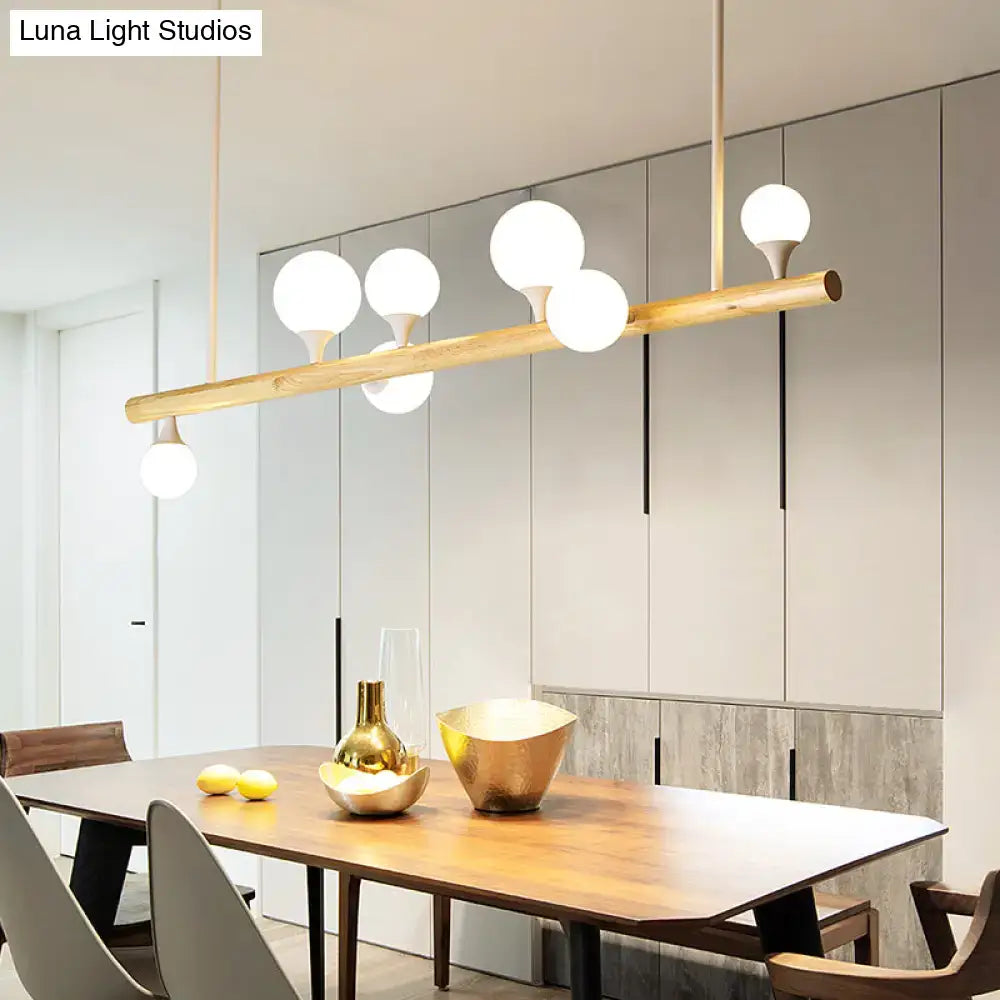 DecorBites minimalist wood linear hanging island pendant light with natural wood rod and opal glass balls for restaurants 220-240v