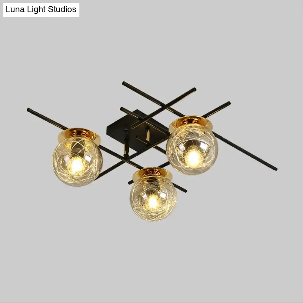 Modern black metal 3-head semi-flush ceiling light with clear smoke gray glass and gold rims for bedroom 220v-240v 110v-120v