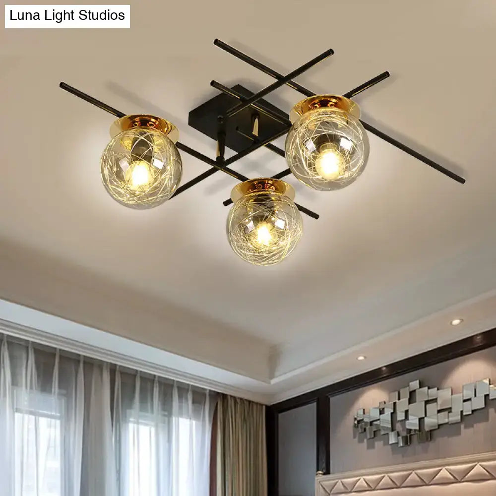 Modern black metal 3-head semi-flush ceiling light with clear smoke gray glass and gold-toned rims for bedroom 220v-240v 110v-120v