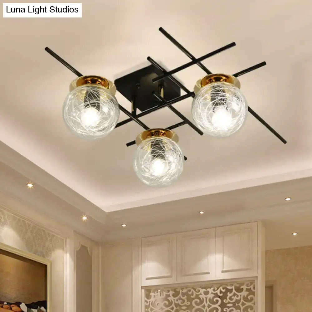 Modern black metal ceiling fixture decorbites™ with three clear smoke gray glass globes and gold rims for bedroom lighting 220v-240v 110v-120v