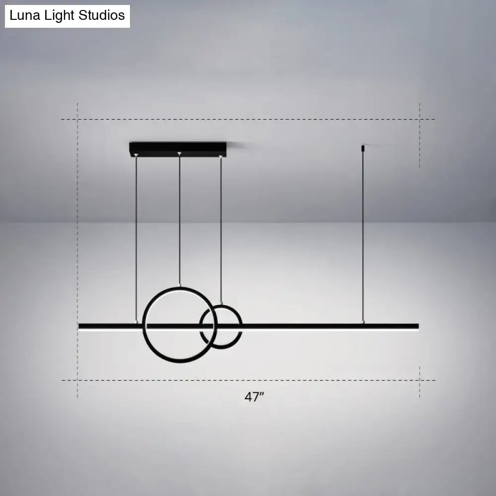 Black minimalist acrylic led ceiling light with sleek circular rings and horizontal bar by luna light studios for dining room