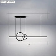 Black minimalist acrylic led ceiling light with sleek circular rings and horizontal bar by luna light studios for dining room