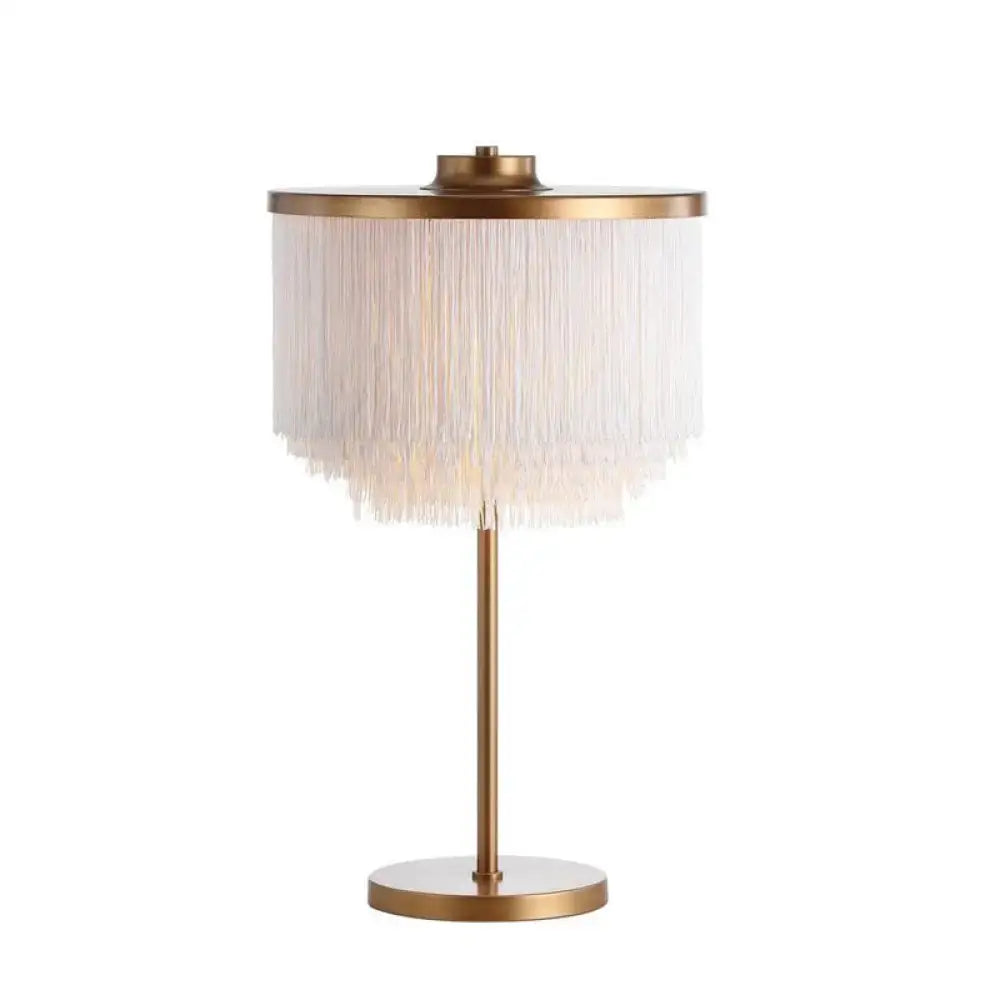 Decorbites minimalistic brass round led nightstand lamp with delicate white tassel fringe and sleek gold-toned metal base for 220v-240v and 110v-120v use