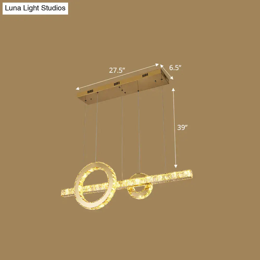 Gold-toned DecorBites™ minimalistic LED pendant light with beveled cut crystal bar and geometric rings for 110v-120v or 220v-240v use