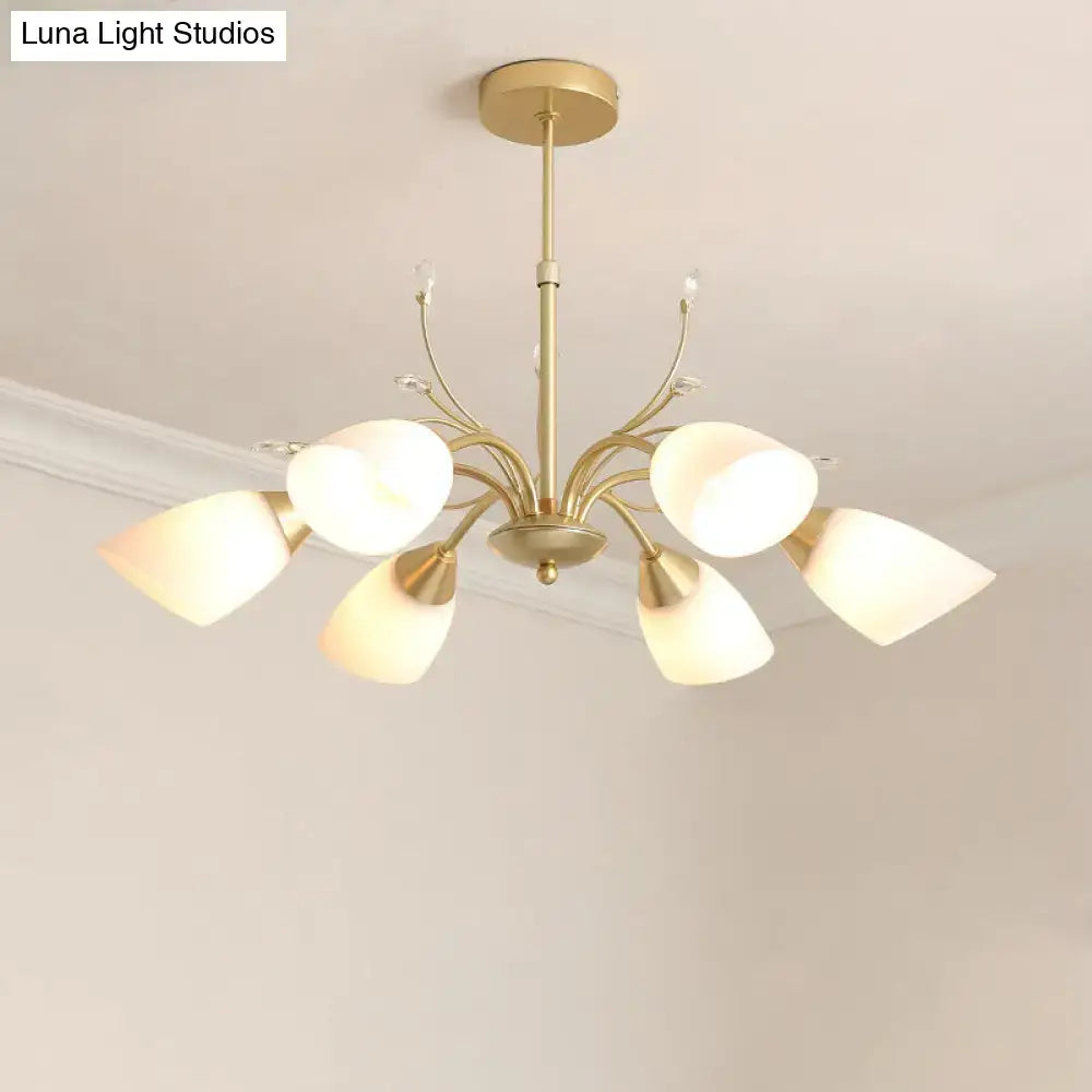 DecorBites modern gold hanging chandelier with six frosted white glass shades and delicate branching arms