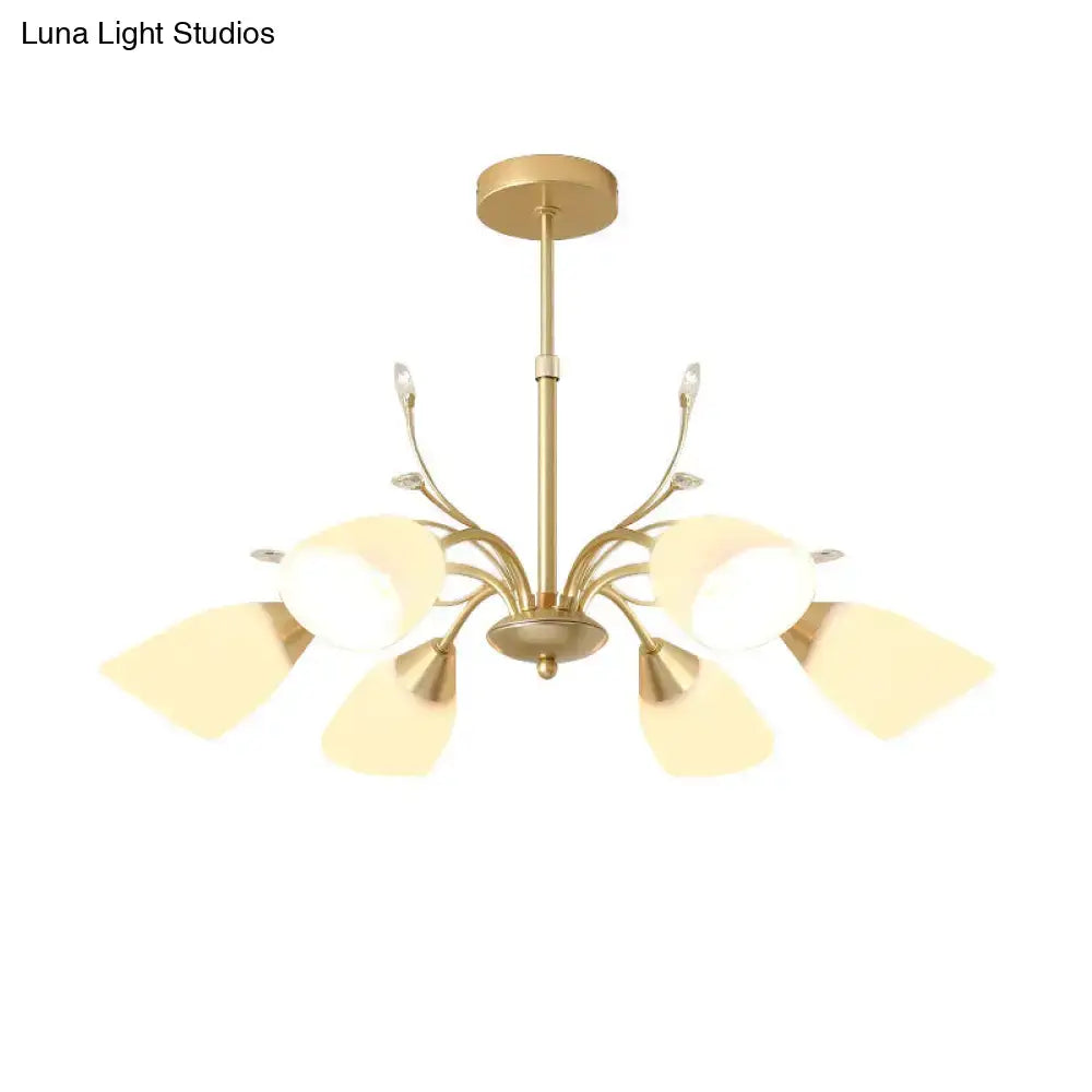 Decorbites modern gold hanging chandelier with five frosted glass leaf-shaped white glass shades and metallic arms