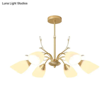 Decorbites modern gold hanging chandelier with five frosted glass leaf-shaped white glass shades and metallic arms