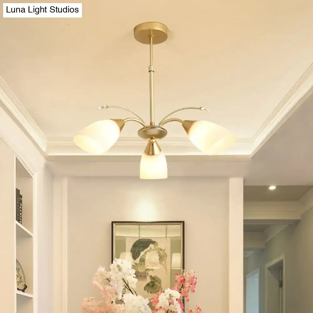 Decorbites modern gold three-armed ceiling chandelier with white frosted glass shades for indoor lighting