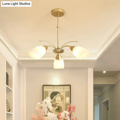 Decorbites modern gold three-armed ceiling chandelier with white frosted glass shades for indoor lighting