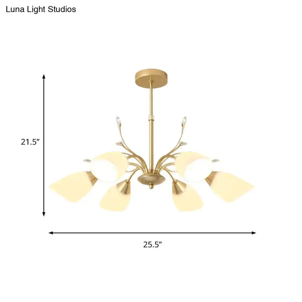 DecorBites modern gold hanging chandelier with five frosted white glass shades and delicate branching arms