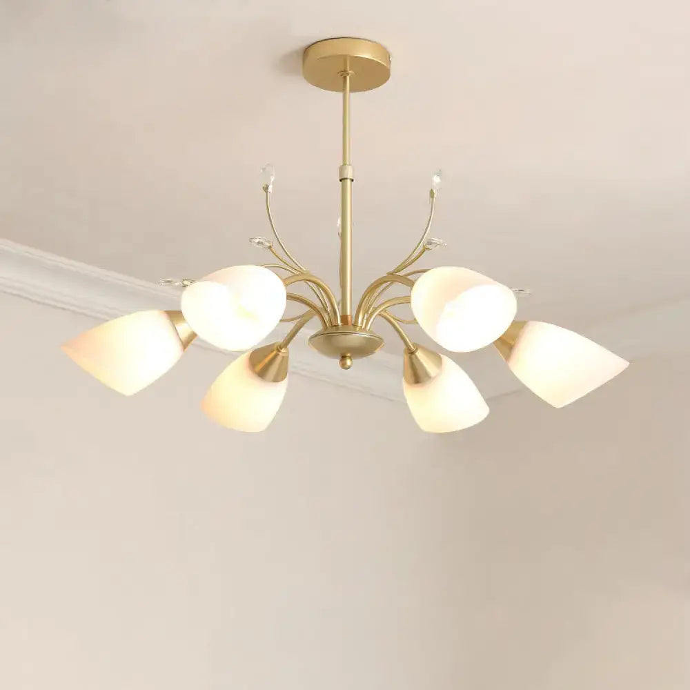 DecorBites modern gold hanging chandelier with six frosted white glass shades and delicate branching arms