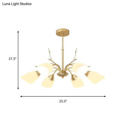 DecorBites™ modern gold hanging chandelier with five frosted glass shades and delicate branching arms