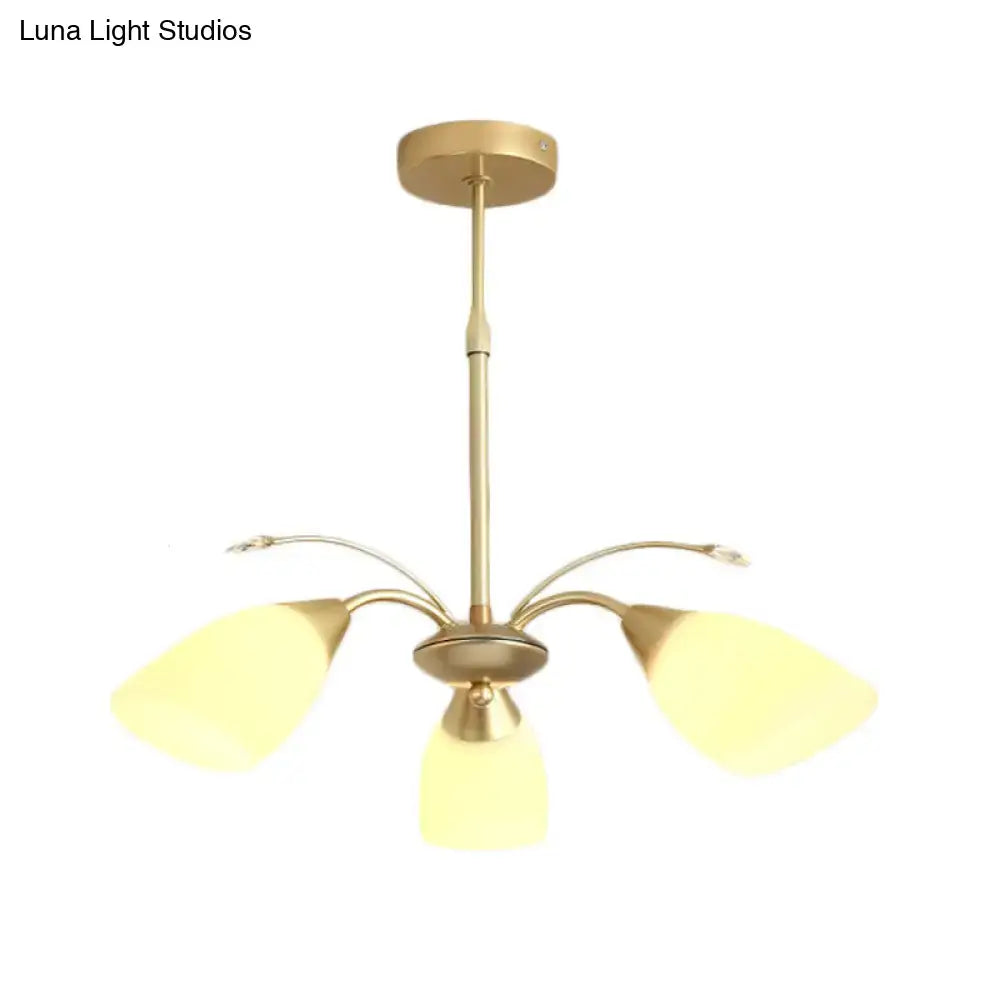 Decorbites modern gold three-light chandelier with frosted white glass shade and metal frame for indoor lighting