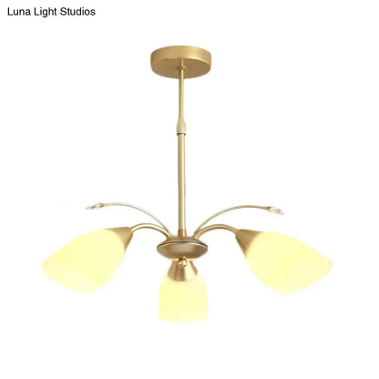 Decorbites modern gold three-light chandelier with frosted white glass shade and metal frame for indoor lighting