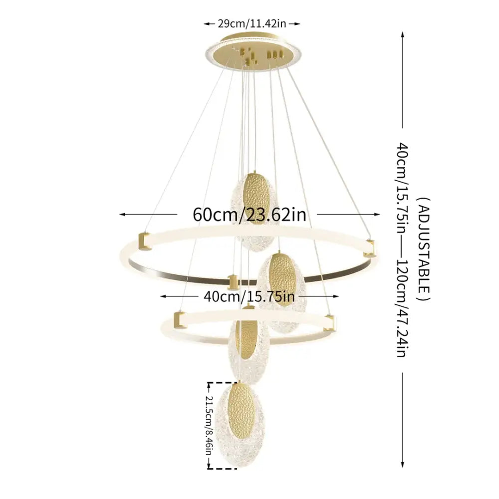 DecorBites™ modern 3-layer LED chandelier pendant light with three circular led rings and gold-toned acrylic accents