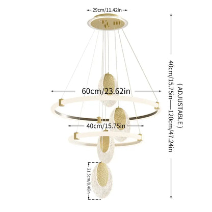 DecorBites™ modern 3-layer LED chandelier pendant light with three circular led rings and gold-toned acrylic accents