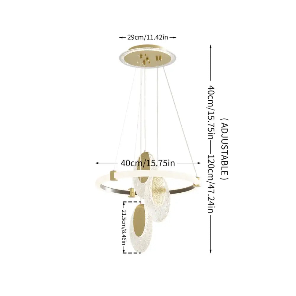 DecorBites™ modern gold-toned 3-layer LED chandelier pendant light with circular led rings and acrylic accents