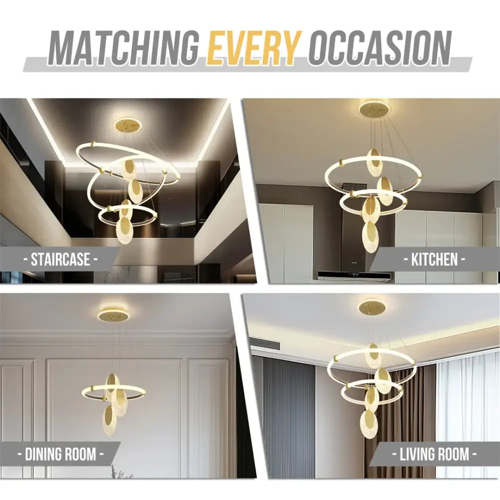 DecorBites modern 3-layer led chandelier pendant light with gold-toned circular led rings and acrylic accents